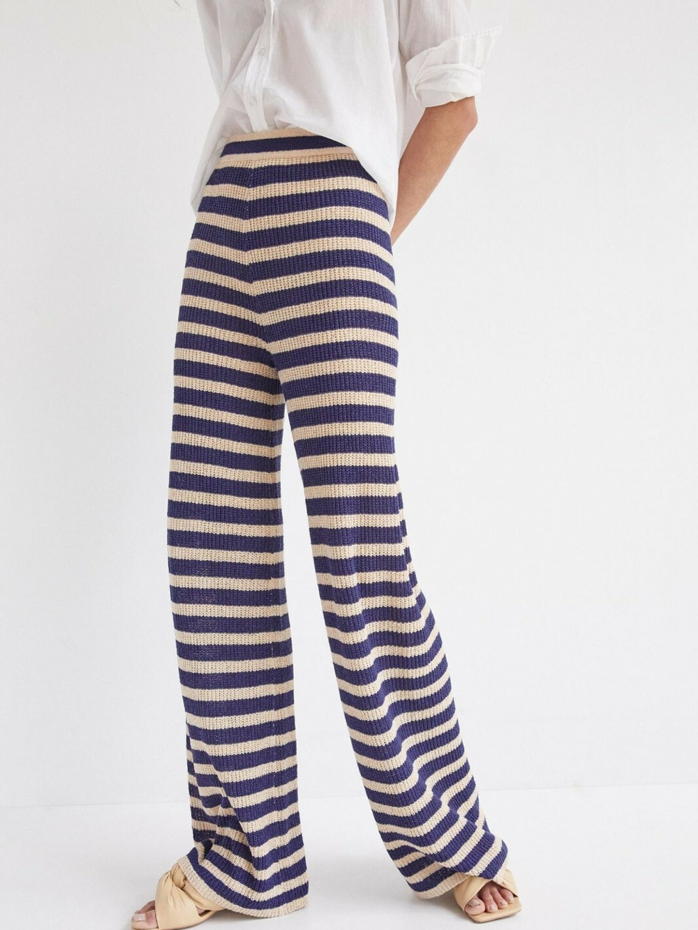 Anthropologie Navy and Cream Striped Wide-Leg Knit Pants